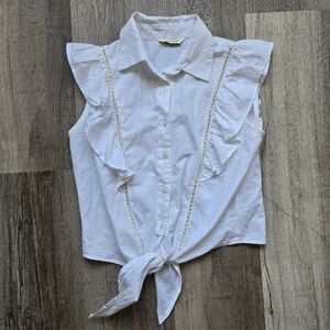 White Ruffle Sleeve Button-Up Top